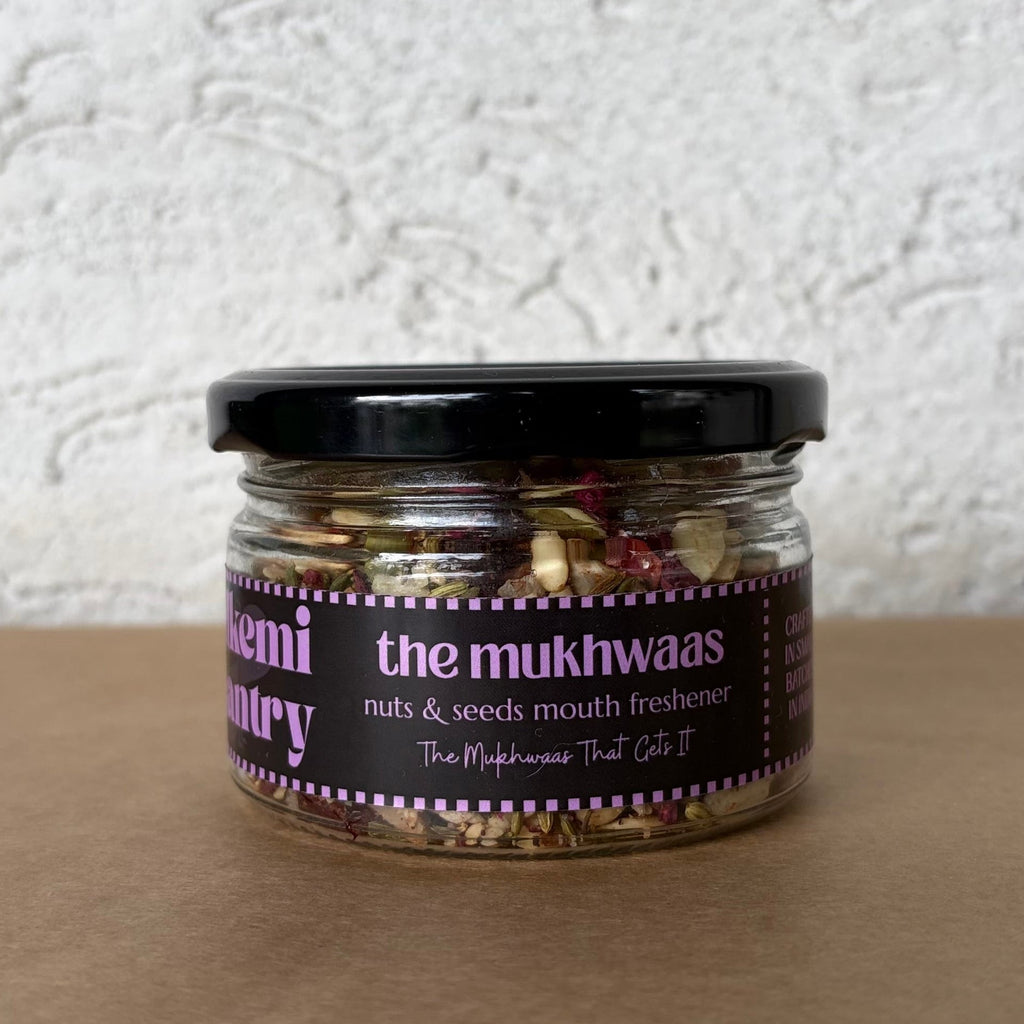 Jar of Alkemi Pantry's 'the mukhwaas' a mouth freshener with dry fruits , nuts and seeds without preservatives or refined sugar