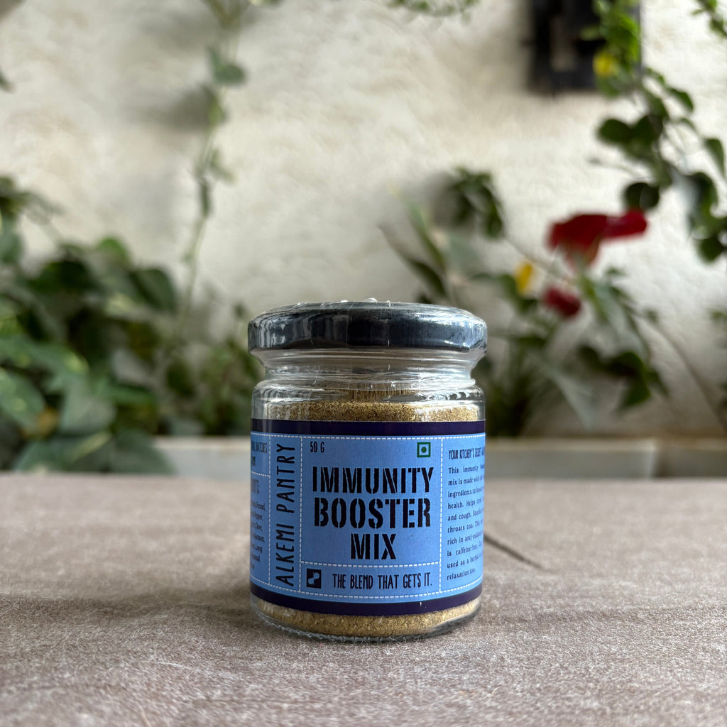 Jar of immunity booster mix with spices ground in small batches for freshness and no fillers
