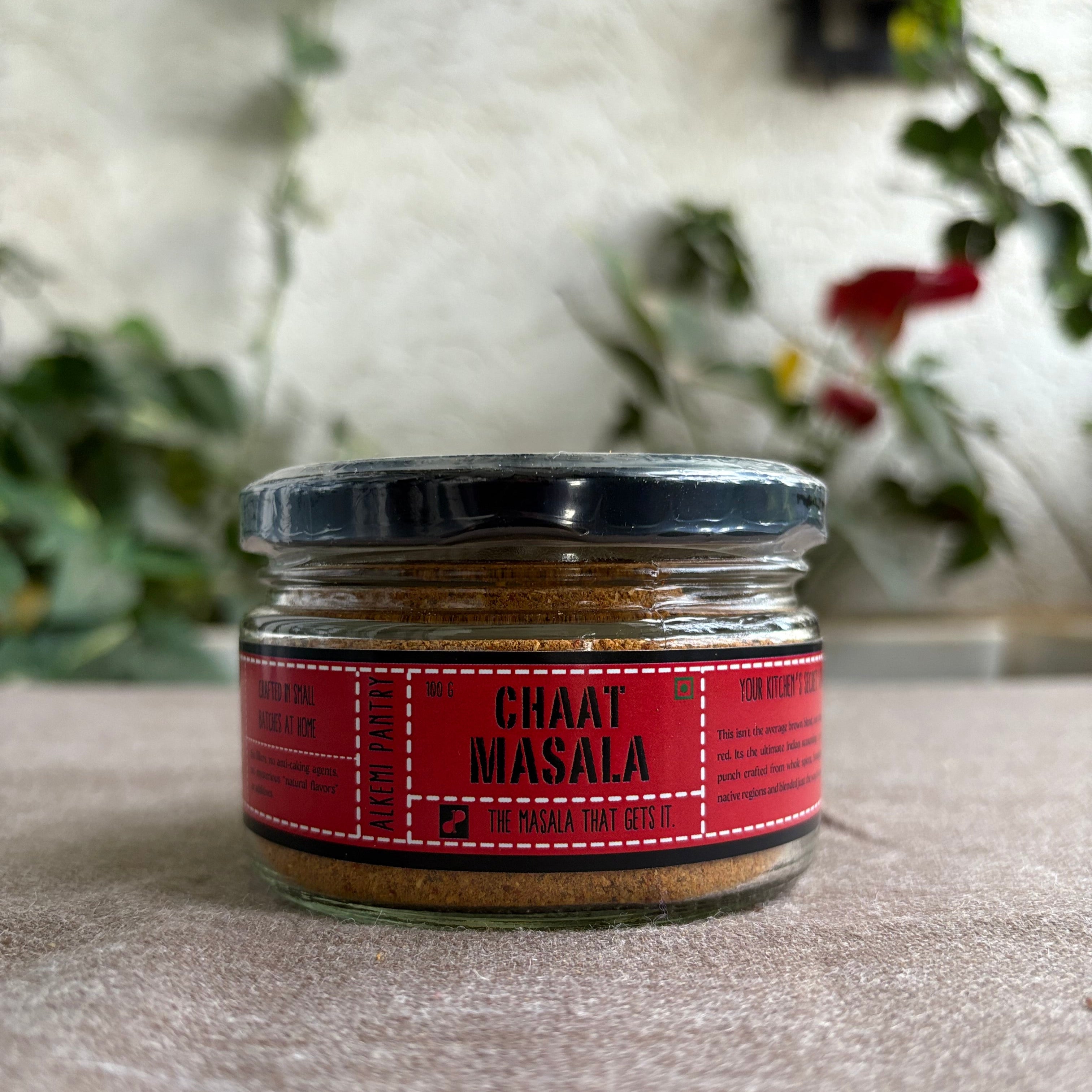 Jar of Chaat Masala with spices ground in small batch with fiery spicy flavour 