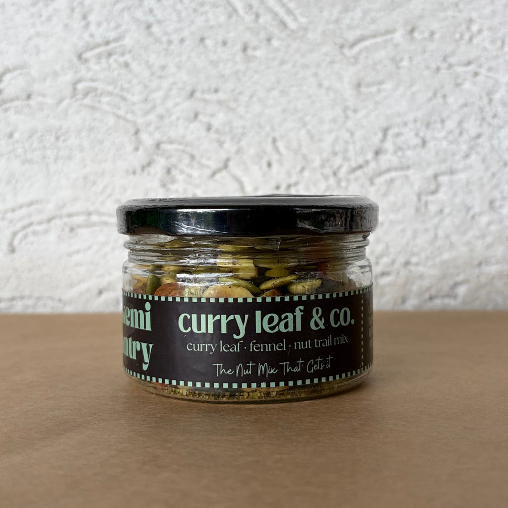 Alkemi Pantry Curry Leaf Trail Mix jar - savoury roasted nut mix India for healthy snacking
