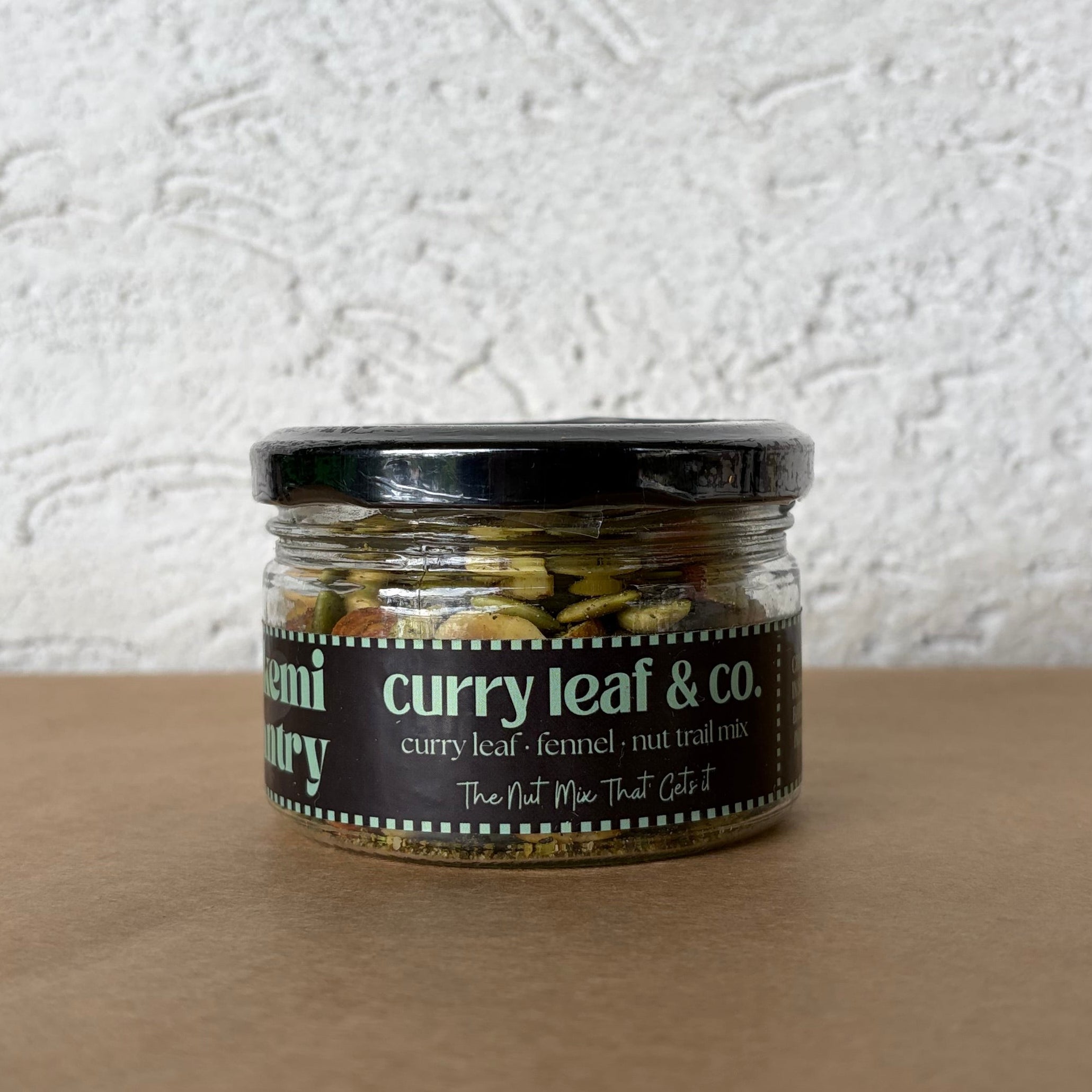 Alkemi Pantry Curry Leaf Trail Mix jar - savoury roasted nut mix India for healthy snacking