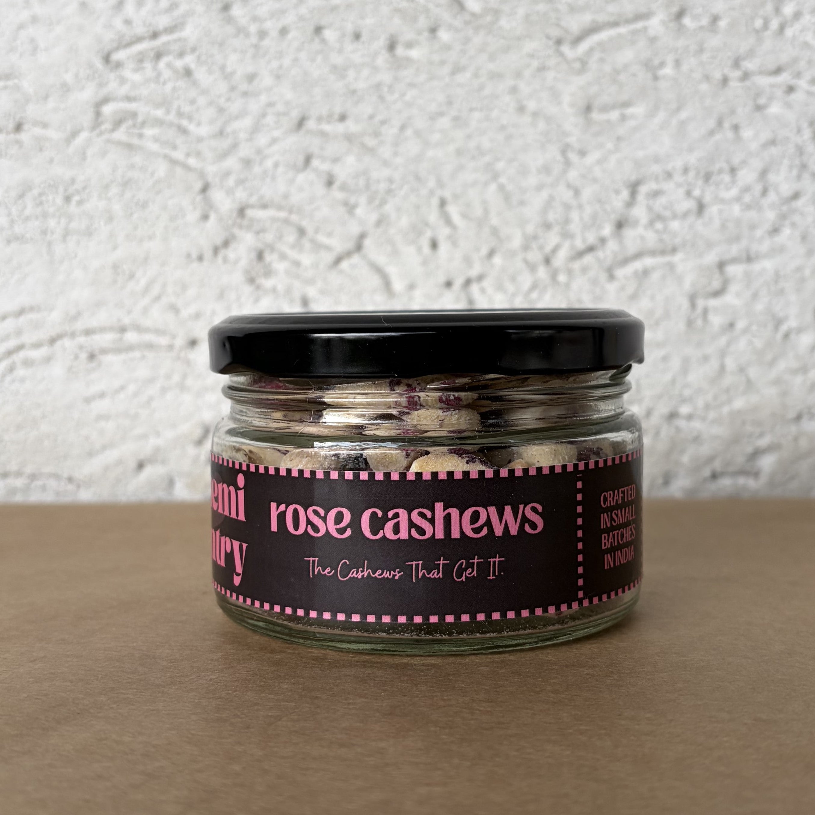 Alkemi Pantry Rose Cashews jar - floral roasted cashews with rose petals India
